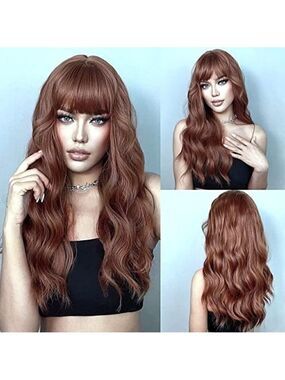 𝅺🆕 Stunning Long Auburn Brown Wig Synthetic No Lace Wig Full Bangs SEXY NWT👀😘